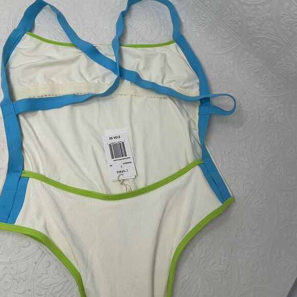 L Space Cream Blue Green Baewatch Colorblock Ribbed One Piece Swimsuit Large NWT - Picture 3 of 11